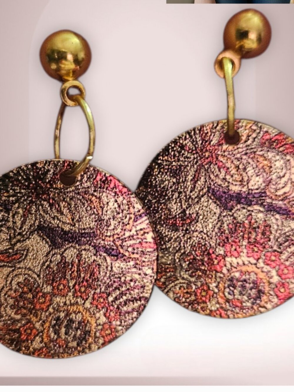 ⭐Copper Brown Tone Floral Metal Disc Stud Style Earrings 1.5" Long Handmade